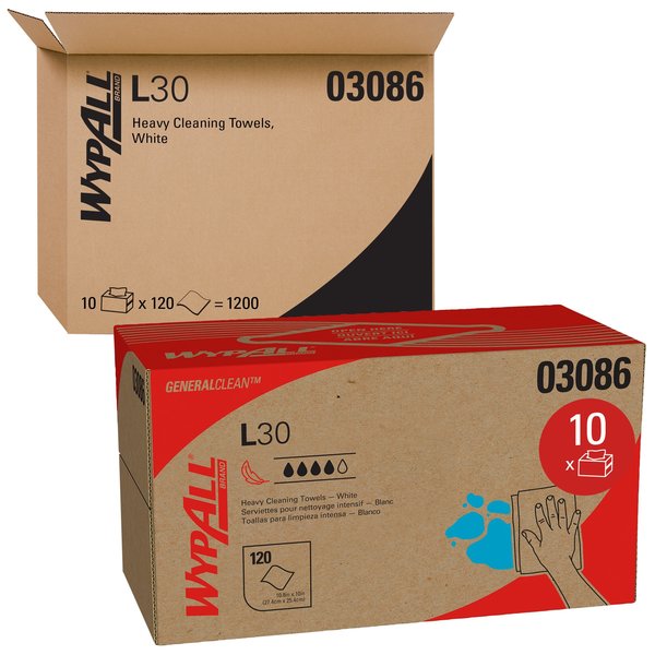 Dry Wipe, L30, Pop Up Box, Double Recreped DRC 9 3/4 in x 10 in, 120 Sheets, White, 10 Pack