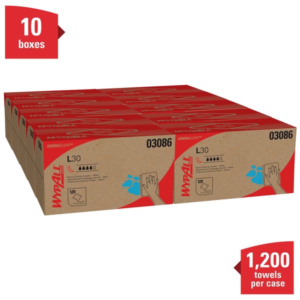 Dry Wipe, L30, Pop Up Box, Double Recreped DRC 9 3/4 in x 10 in, 120 Sheets, White, 10 Pack
