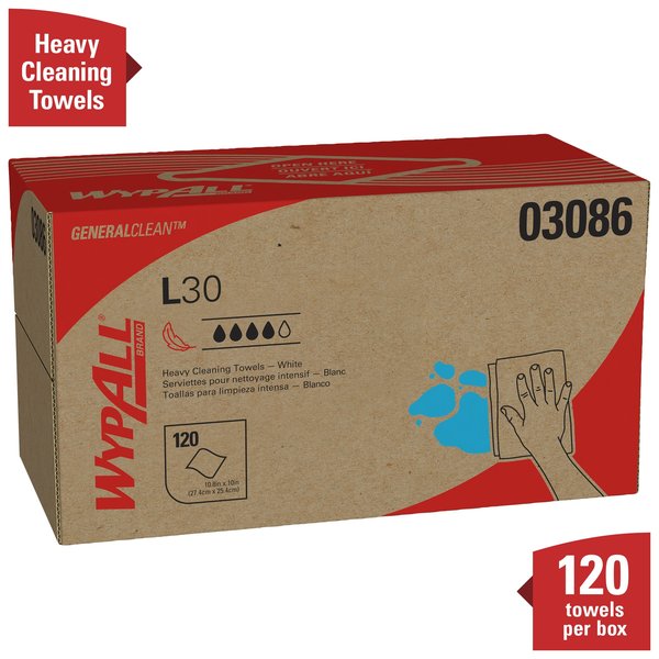 Dry Wipe, L30, Pop Up Box, Double Recreped DRC 9 3/4 in x 10 in, 120 Sheets, White, 10 Pack