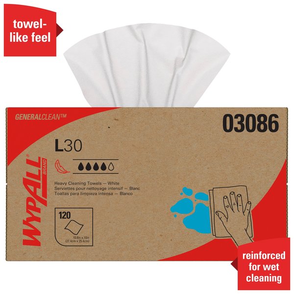 Dry Wipe, L30, Pop Up Box, Double Recreped DRC 9 3/4 in x 10 in, 120 Sheets, White, 10 Pack