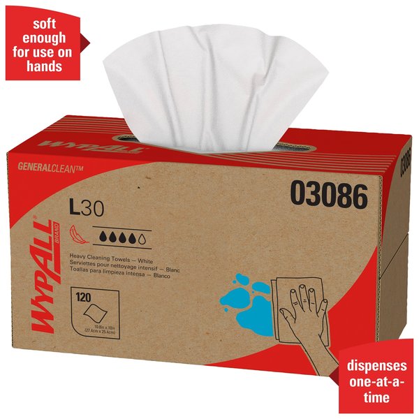 Dry Wipe, L30, Pop Up Box, Double Recreped DRC 9 3/4 in x 10 in, 120 Sheets, White, 10 Pack