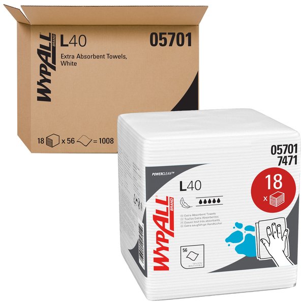 Dry Wipe, L40, 56, 1/4 Fold, Spr Hvy Absorb, Double Recreped DRC, 12 in x 12 1/2 in, White, 18 Pack