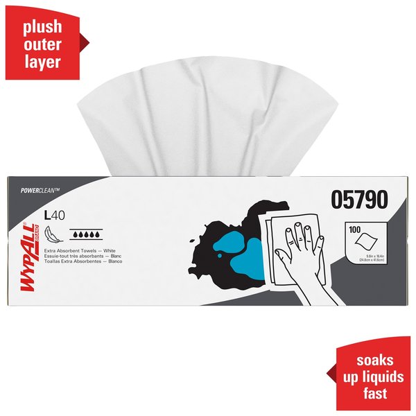 Dry Wipe, L40, 100 Sheets, Pop Up Box, Double Recreped (DRC), 9 3/4 in x 16 1/2 in, White