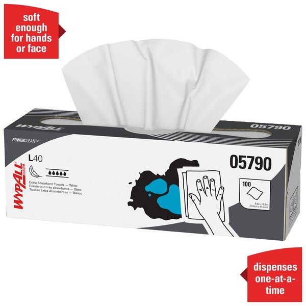 Dry Wipe, L40, 100 Sheets, Pop Up Box, Double Recreped (DRC), 9 3/4 in x 16 1/2 in, White