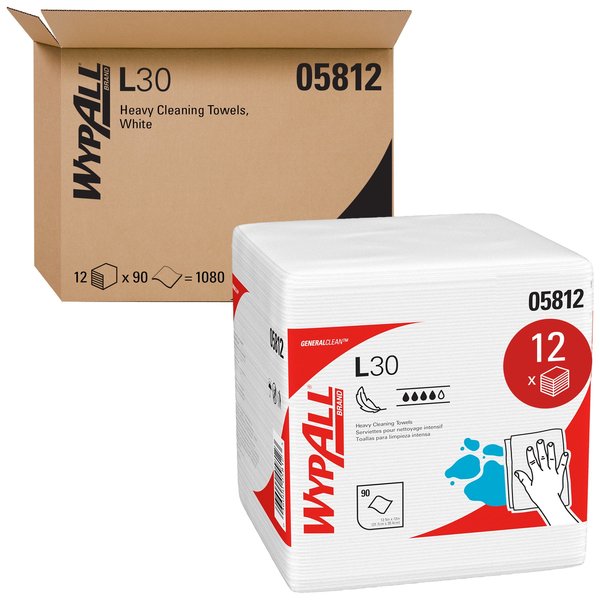 Dry Wipe, L30 1/4 Fold, Mod Absorb, Double Recreped (DRC), 90 Wipes, 12 x 12 1/2 in, White, 12 Pk