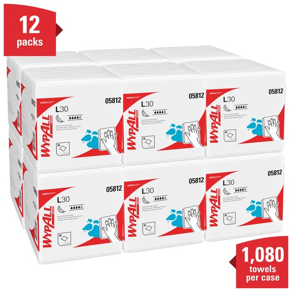 Dry Wipe, L30 1/4 Fold, Mod Absorb, Double Recreped (DRC), 90 Wipes, 12 x 12 1/2 in, White, 12 Pk
