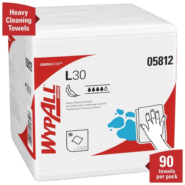 Dry Wipe, L30 1/4 Fold, Mod Absorb, Double Recreped (DRC), 90 Wipes, 12 x 12 1/2 in, White, 12 Pk