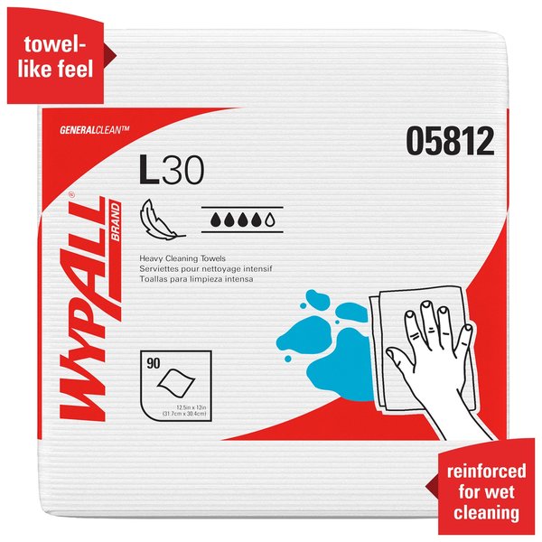 Dry Wipe, L30 1/4 Fold, Mod Absorb, Double Recreped (DRC), 90 Wipes, 12 x 12 1/2 in, White, 12 Pk