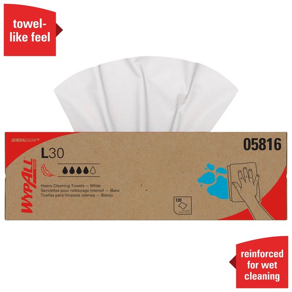Dry Wipe, L30, Pop Up Box, Double Recreped (DRC), 9 3/4 in x 16 1/2 in, 120 Sheets, White