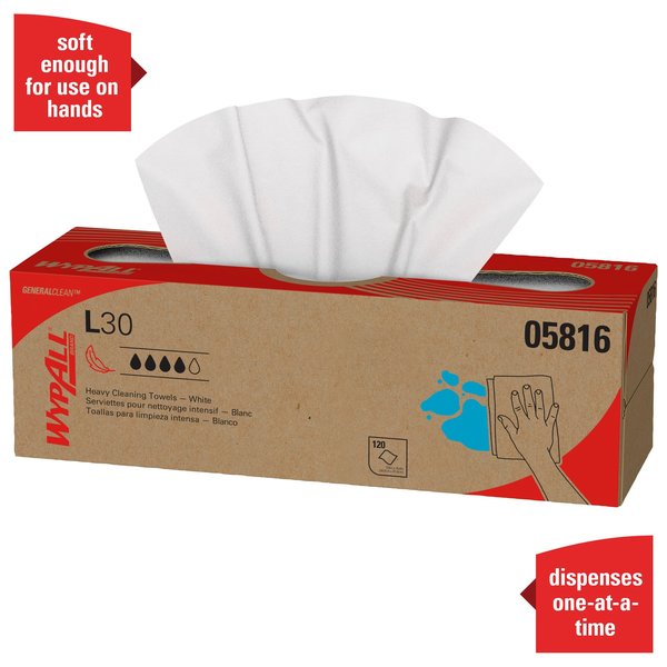 Dry Wipe, L30, Pop Up Box, Double Recreped (DRC), 9 3/4 in x 16 1/2 in, 120 Sheets, White