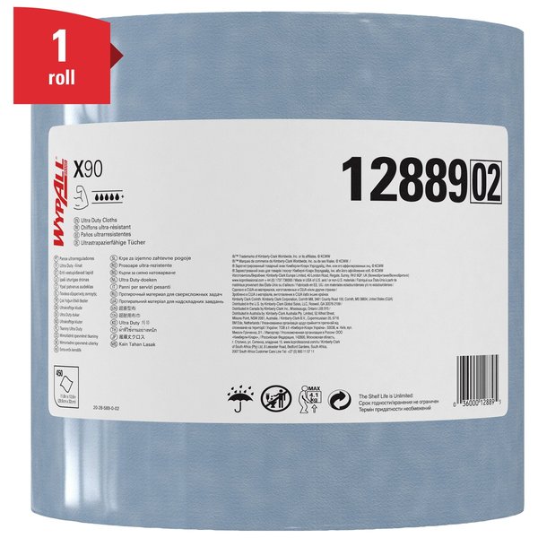 Dry Wipe Roll, X90, Jumbo Perforated Roll, Hydroknit, 11 3/4 in x 12 1/2 in, 450 Sheets, Blue