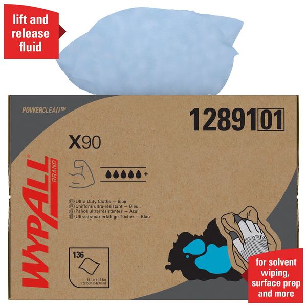 Dry Wipe Dispenser Box, X90, Max Absorbency, 11 in x 16 3/4 in, 136 Sheets, Blue