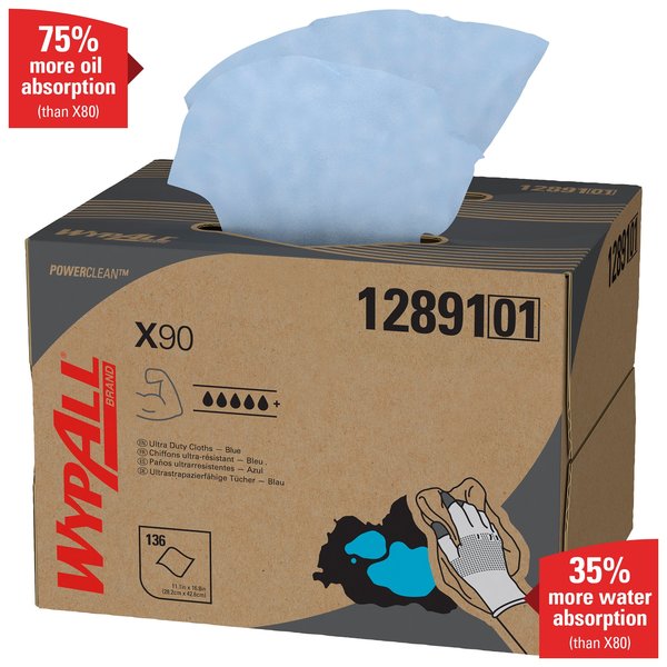 Dry Wipe Dispenser Box, X90, Max Absorbency, 11 in x 16 3/4 in, 136 Sheets, Blue