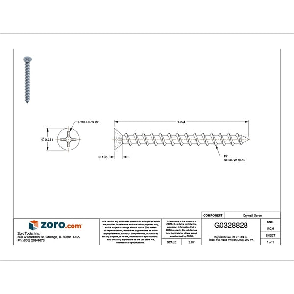 Drywall Screw, #7 x 1-3/4 in, Steel, Flat Head Phillips Drive, 200 PK