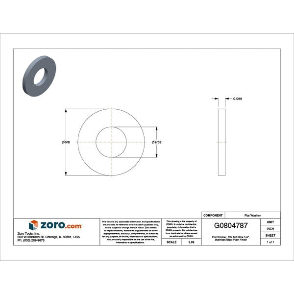 Flat Washer, Fits Bolt Size 1/4