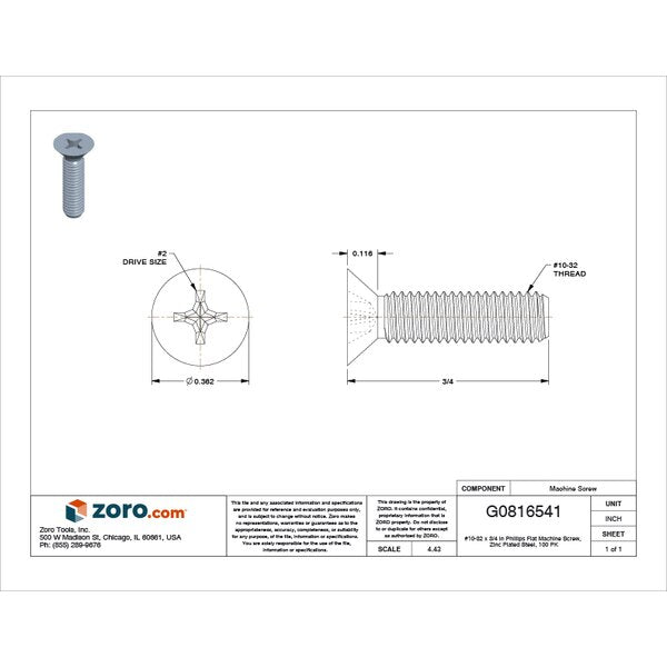 #10-32 x 3/4 in Phillips Flat Machine Screw, Zinc Plated Steel, 100 PK