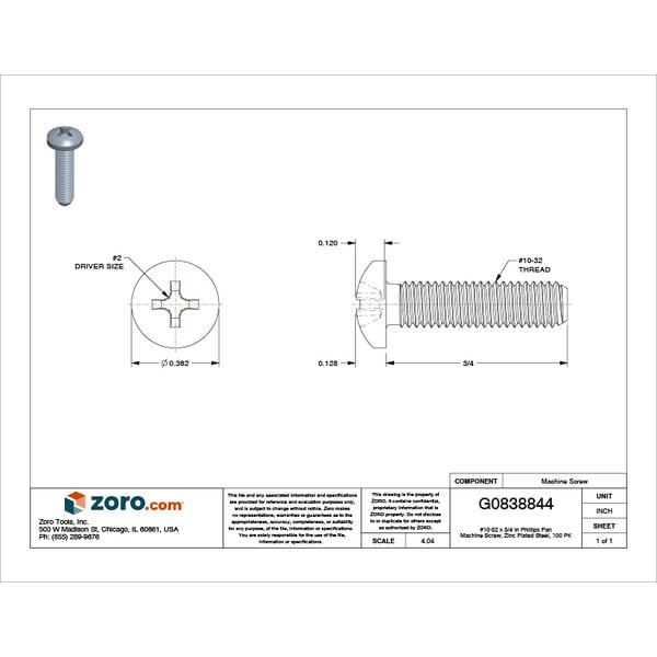 #10-32 x 3/4 in Phillips Pan Machine Screw, Zinc Plated Steel, 100 PK
