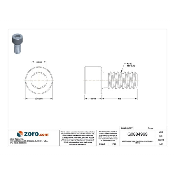 #0-80 Socket Head Cap Screw, Plain Brass, 1/8 in Length
