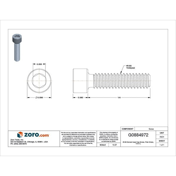 #0-80 Socket Head Cap Screw, Plain Brass, 1/4 in Length