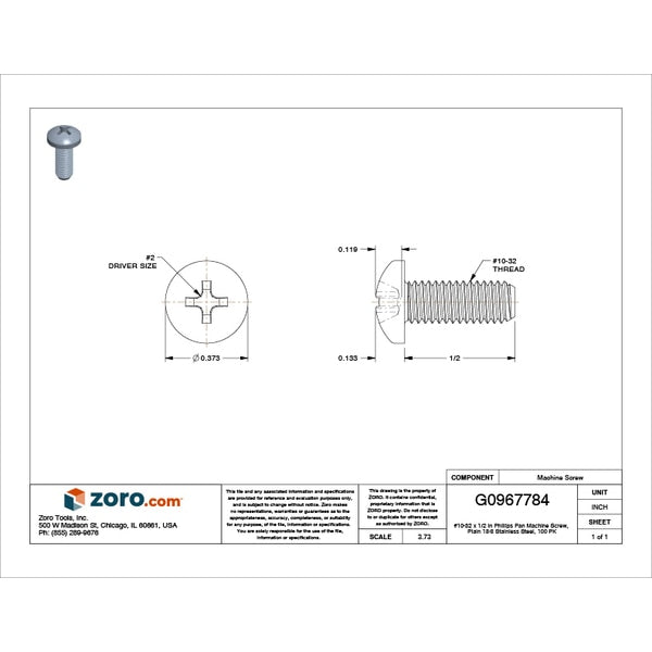 #10-32 x 1/2 in Phillips Pan Machine Screw, Plain 18-8 Stainless Steel, 100 PK