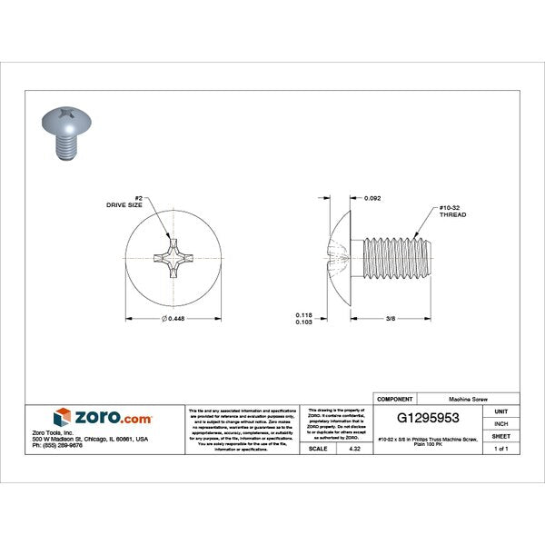 #10-32 x 3/8 in Phillips Truss Machine Screw, Plain 18-8 Stainless Steel, 100 PK