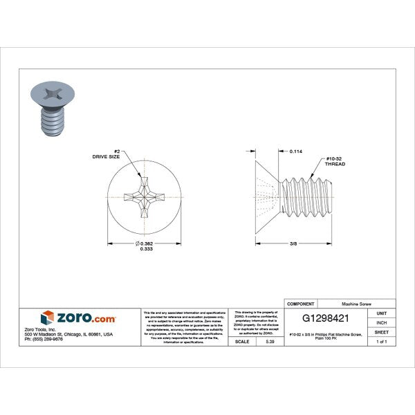 #10-32 x 3/8 in Phillips Flat Machine Screw, Plain 18-8 Stainless Steel, 100 PK