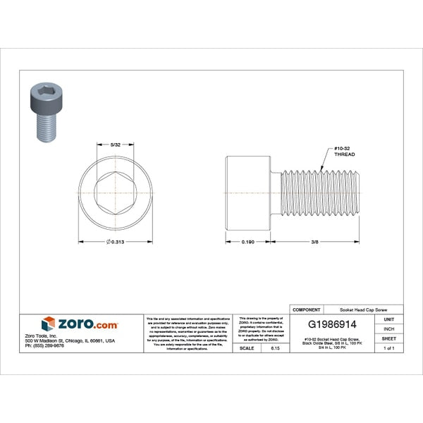#10-32 Socket Head Cap Screw, Black Oxide Steel, 3/8 in Length, 100 PK