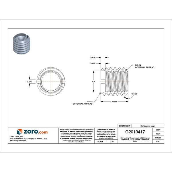 Thin Wall Self Locking Thread Insert, 3/8