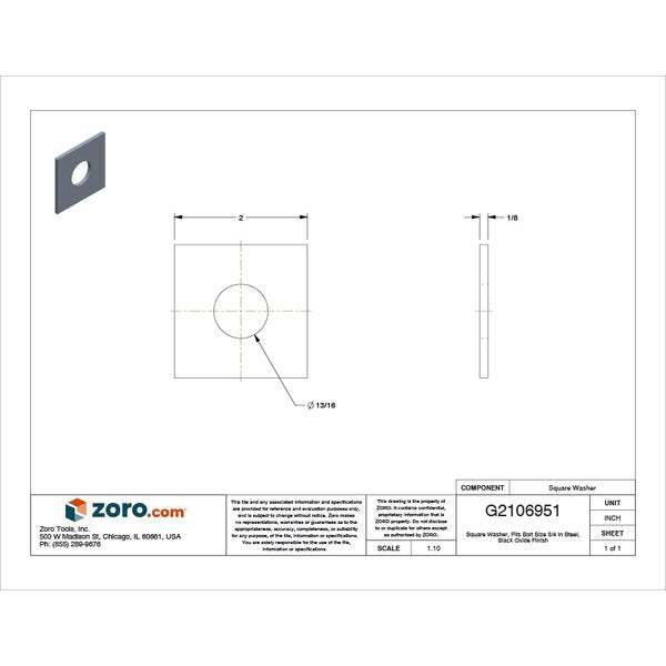 Square Washer, Fits Bolt Size 3/4 in Low Carbon Steel, Black Oxide Finish