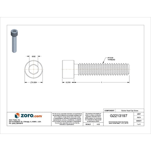 #12-24 Socket Head Cap Screw, Black Oxide Steel, 1 in Length, 25 PK
