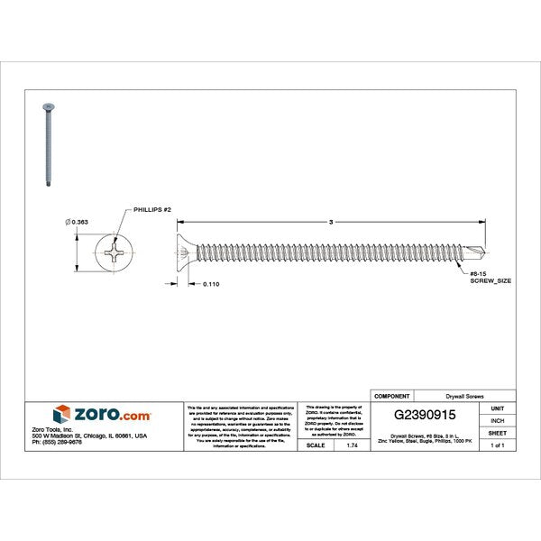 Drywall Screw, #8 x 2-53/64 in, Steel, Flat Head Phillips Drive, 1000 PK