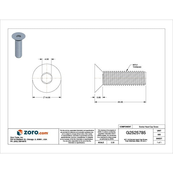 M7-1.00 Socket Head Cap Screw, Plain Stainless Steel, 25 mm Length
