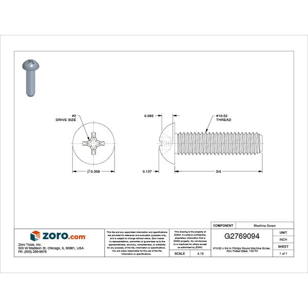 #10-32 x 3/4 in Phillips Round Machine Screw, Zinc Plated Steel, 100 PK