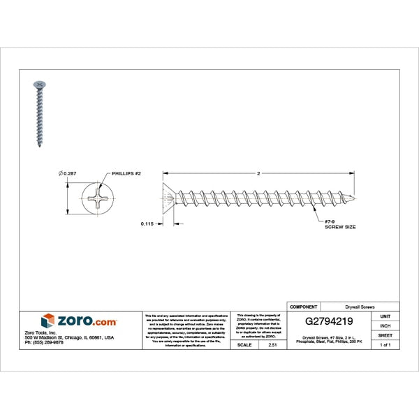 Drywall Screw, #7 x 2 in, Steel, Flat Head Phillips Drive, 200 PK