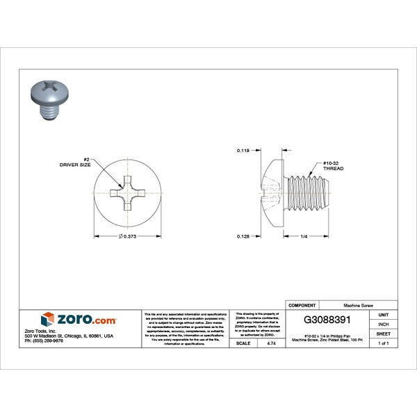 #10-32 x 1/4 in Phillips Pan Machine Screw, Zinc Plated Steel, 100 PK