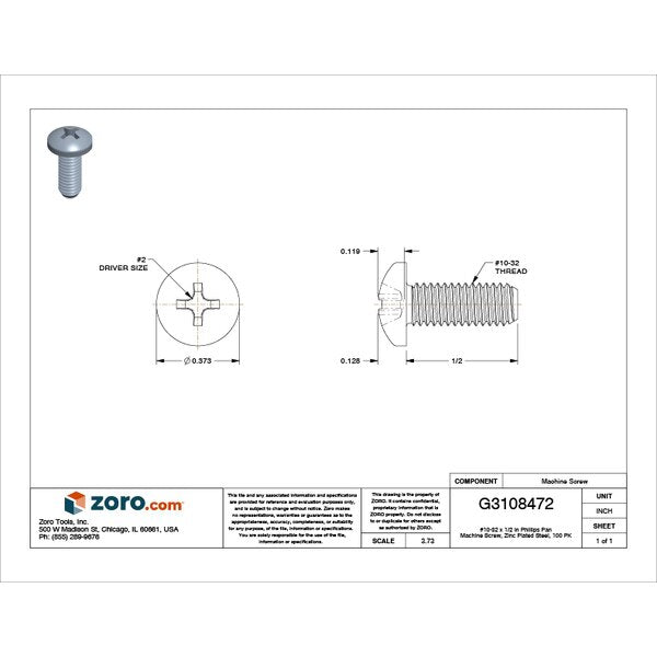 #10-32 x 1/2 in Phillips Pan Machine Screw, Zinc Plated Steel, 100 PK