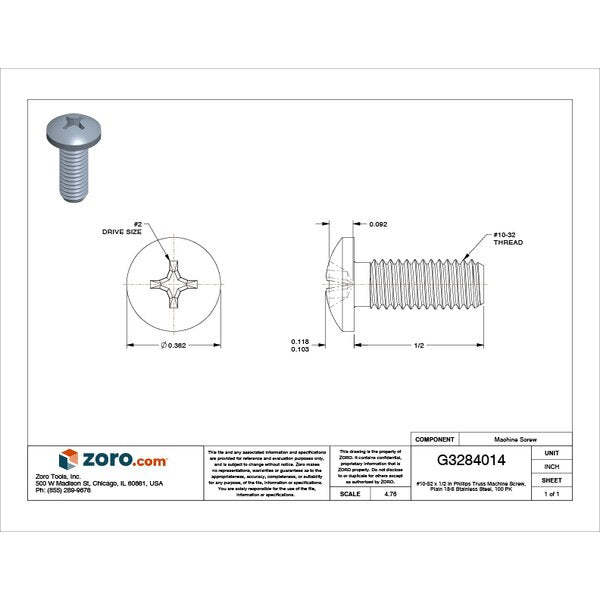 #10-32 x 1/2 in Phillips Truss Machine Screw, Plain 18-8 Stainless Steel, 100 PK