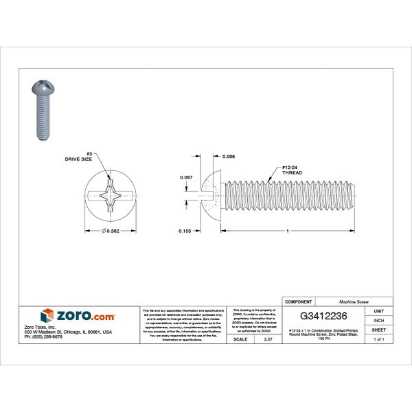 #12-24 x 1 in Combination Phillips/Slotted Round Machine Screw, Zinc Plated Steel, 100 PK