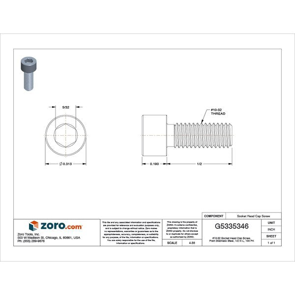 #10-32 Socket Head Cap Screw, Plain 316 Stainless Steel, 1/2 in Length, 100 PK