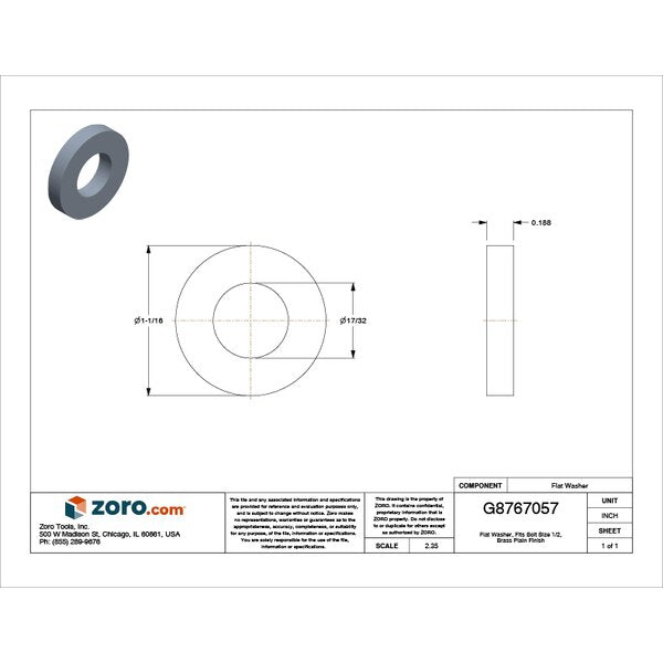 Flat Washer, Fits Bolt Size 1/2 , Brass Plain Finish