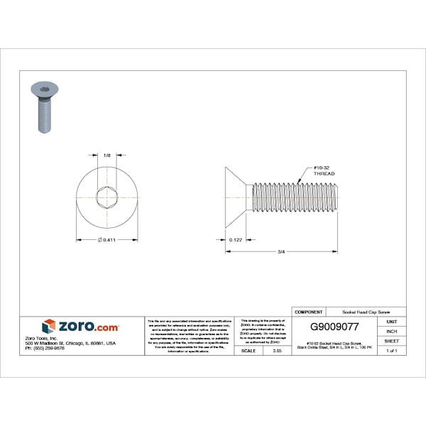 #10-32 Socket Head Cap Screw, Black Oxide Steel, 3/4 in Length, 100 PK