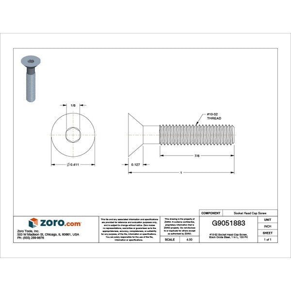 #10-32 Socket Head Cap Screw, Black Oxide Steel, 1 in Length, 100 PK