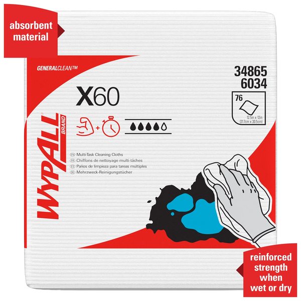 Dry Wipe, X60, 1/4 Fold Poly Wrapped, Hydroknit, 12 in x 12 1/2 in, 12 Pack