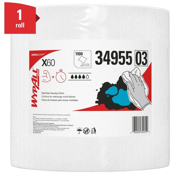 Dry Wipe Roll, X60, Jumbo Perforated Roll, Hydroknit, 12 1/2 x 13 1/2 in, 1100 Sheets, White