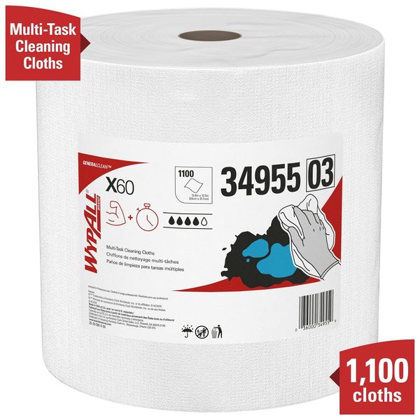 Dry Wipe Roll, X60, Jumbo Perforated Roll, Hydroknit, 12 1/2 x 13 1/2 in, 1100 Sheets, White