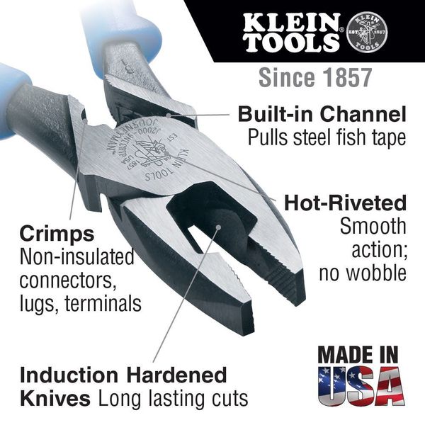 9 1/2 in 2000(TM) Linemans Plier High Leverage w/ Fish Tape Puller, Wire Crimper, Steel
