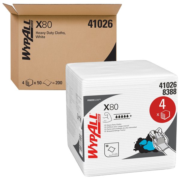 Dry Wipe, X80, 1/4 Fold, Super Heavy Absorbency, Hydroknit, 12 in x 12 1/2 in, 50 Sheets, 4 Pack
