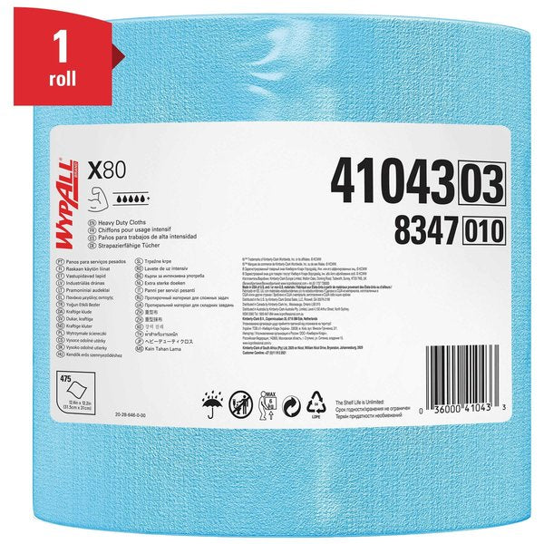 WypAll PowerClean X80 Heavy Duty Cloths, Jumbo Roll, Extended Use Towels, Blue, 475 Sheets/Roll