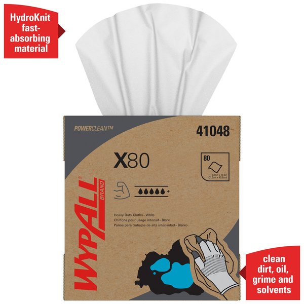 Dry Wipe, X80, Pop Up Box, Hydroknit, 8 1/4 in x 16 3/4 in, 80 Sheets, White, 5 Pack