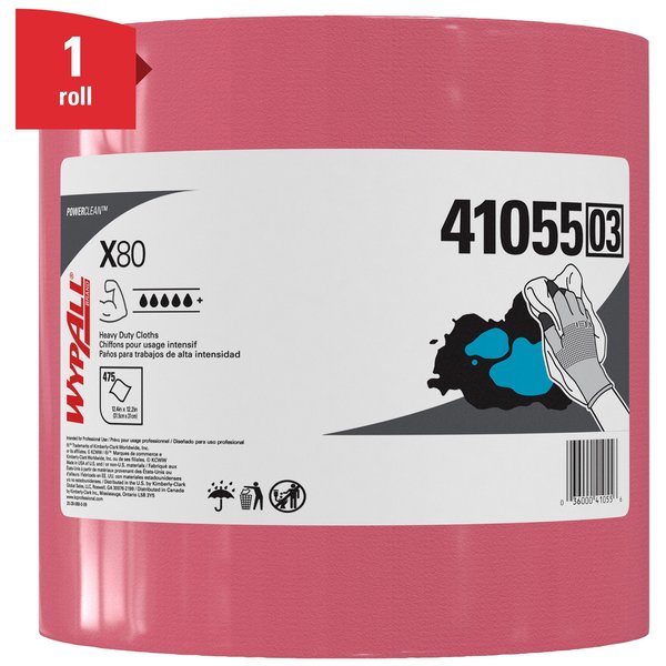 PowerClean X80 Heavy Duty Cloths, Jumbo Roll, Ext Use Towels, Red, 475 Sheets, 12.4 in x 12.2 in